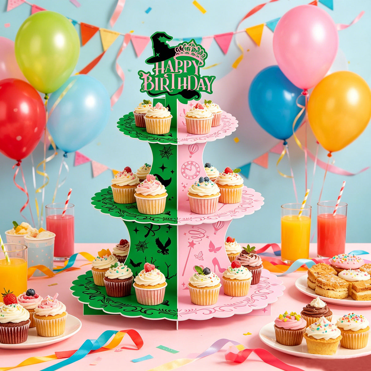 3 Tier Witch Cupcake Stand, Pink Green Birthday Cupcake Holder Witch Cupcake Stand with "Happy Birthday", Cup Cake Stand for Dessert Table Displays, Witch Birthday Party Decorations