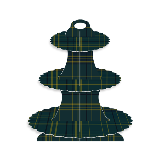 3 Tier Green Blue Tartan Cupcake Stand, Vintage Plaid Cupcake Holder | Cardboard Cupcake Stand for Dessert Table Display, Vintage Decor for Birthday Baby Shower Green Party Christmas