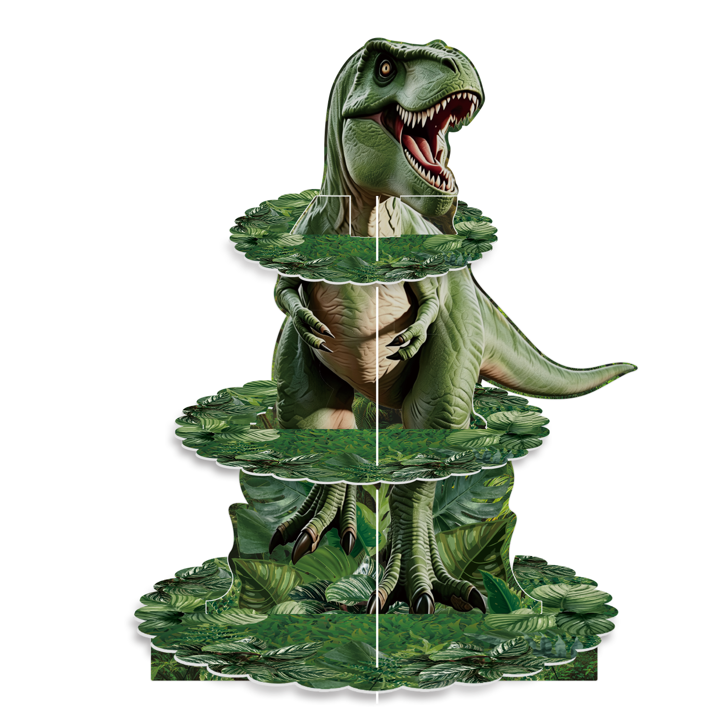 3 Tier Dinosaur Cupcake Stand for Dino Birthday Party Decorations Dinosaur Cupcake Holder, Green Jungle Leaf Cardboard Cupcake Stand for Dessert Stand, Dino Safari Jungle Party Supplies