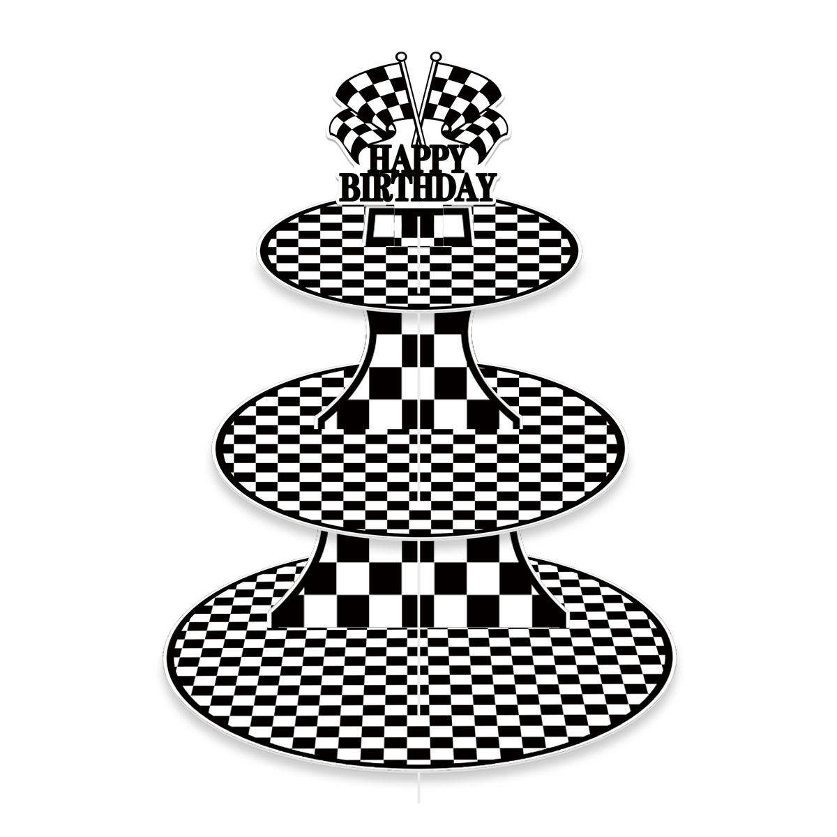 3 Tier Race Car Cupcake Stand for Car Themed Birthday Decorations Racing Cupcake Holder, Black White Cardboard Cupcake Stand with "Happy Birthday" , Race Car Birthday Decorations