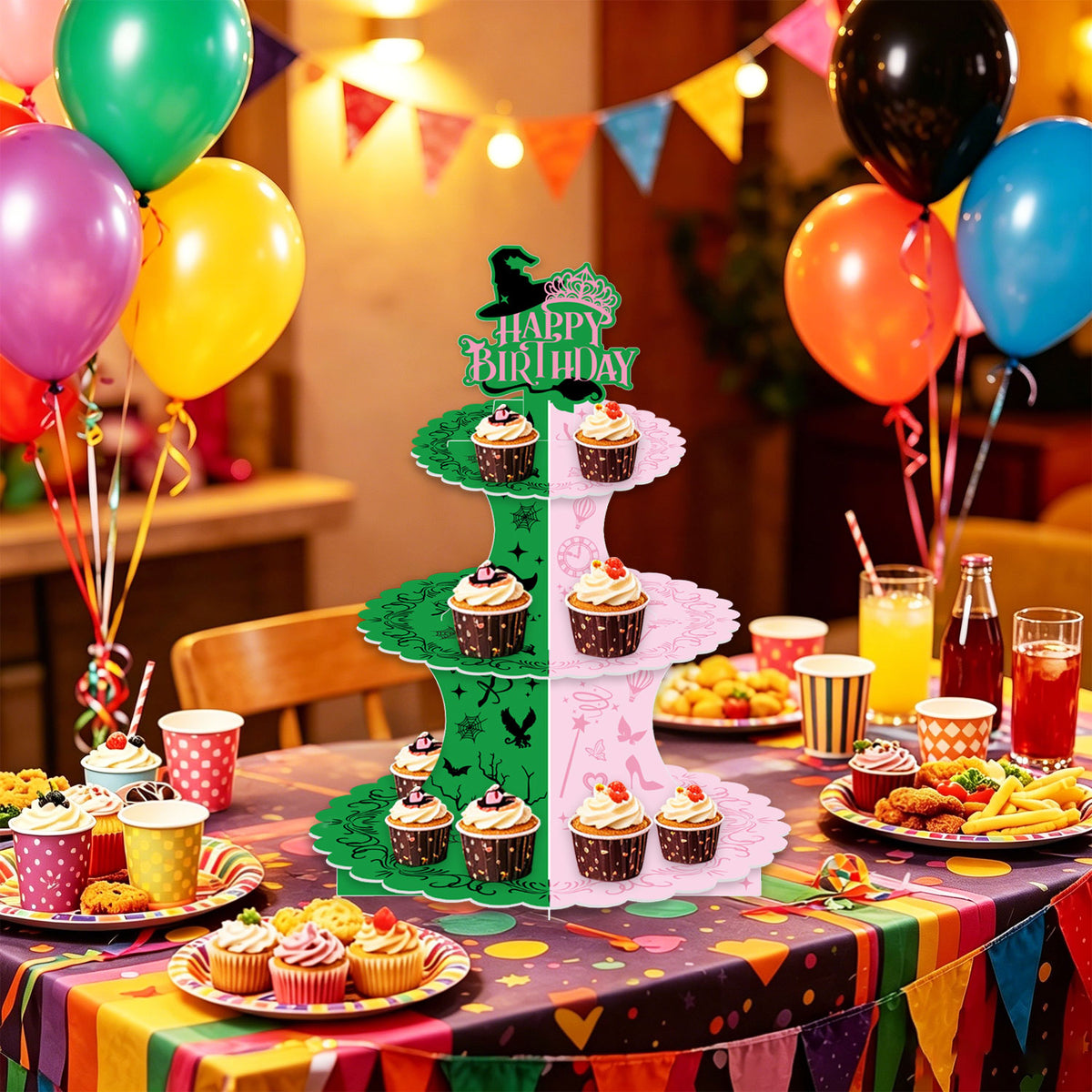 3 Tier Witch Cupcake Stand, Pink Green Birthday Cupcake Holder Witch Cupcake Stand with "Happy Birthday", Cup Cake Stand for Dessert Table Displays, Witch Birthday Party Decorations