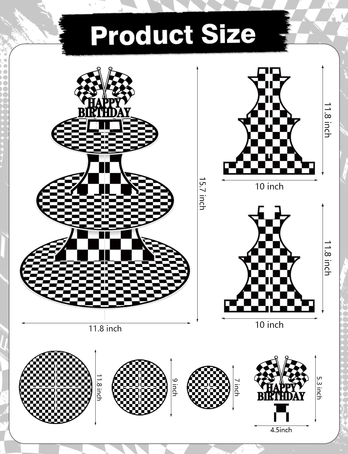 3 Tier Race Car Cupcake Stand for Car Themed Birthday Decorations Racing Cupcake Holder, Black White Cardboard Cupcake Stand with "Happy Birthday" , Race Car Birthday Decorations