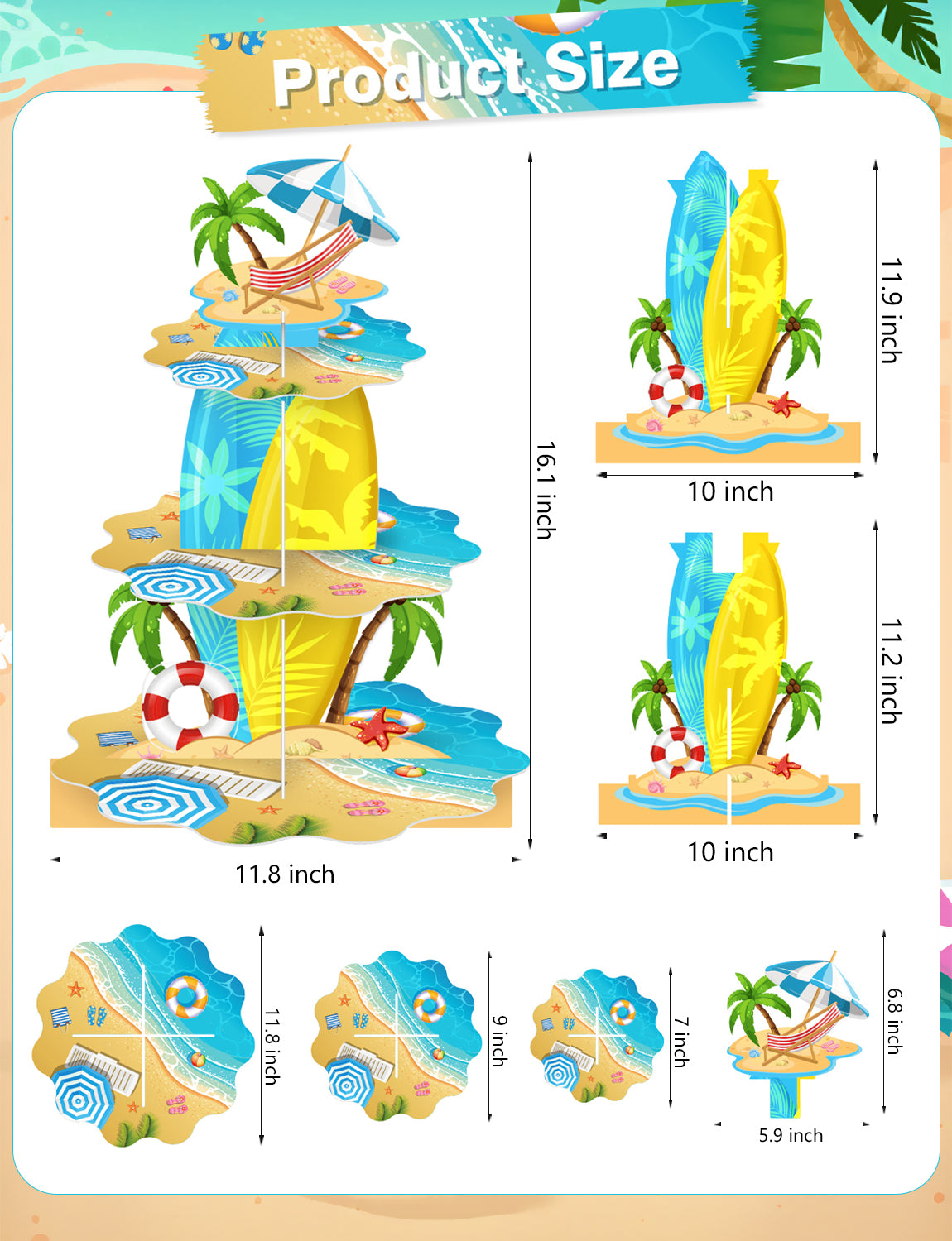 3 Tier Summer Beach Cupcake Stand, Pool Cupcake Holder Cardboard Cupcake Stand for Dessert Table Displays, Hawaiian Party Decorations for Summer Beach Tropical Pool Birthday