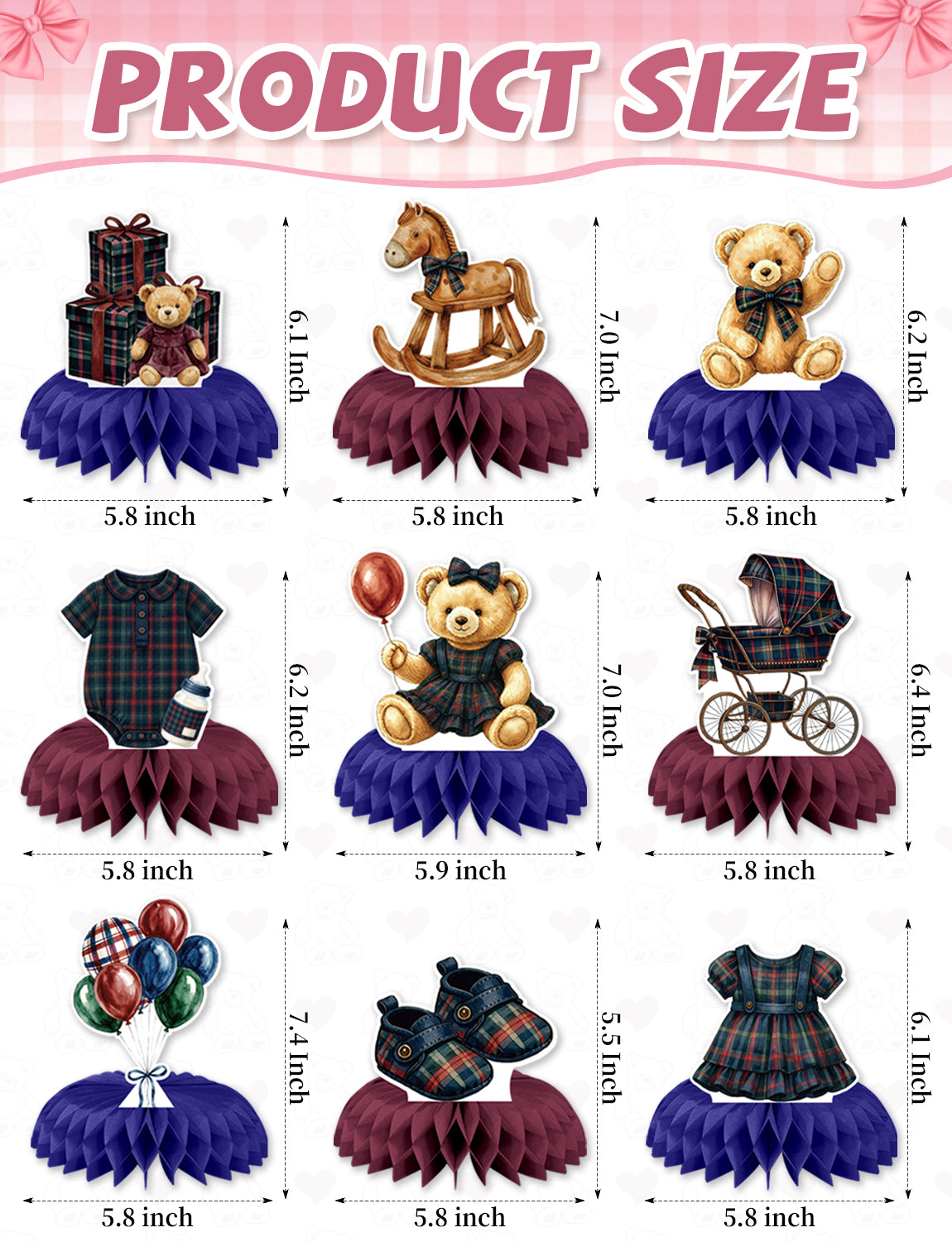 Teddy Bear Baby Shower Table Decorations, Tartan Plaid Centerpieces 9 Pcs Teddy Bear Centerpieces for Tables, 3D Rocking Horse Honeycomb Centerpieces for Baby Girl Shower, Gender Reveal Party
