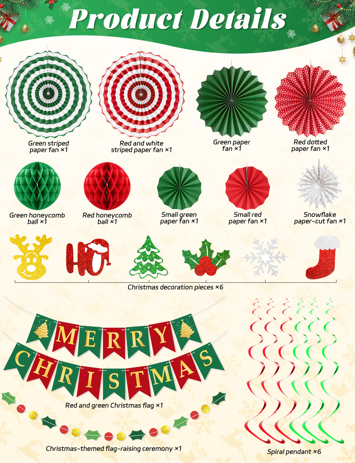 Adeyoo Christmas Decorations, 18Pcs Merry Christmas Paper Decoration Banner Honeycomb Ball, Paper Fan, Snowflakes, Swirls and Merry Christmas Banner, Christmas Ceiling Decorations for Indoor Xmas Party