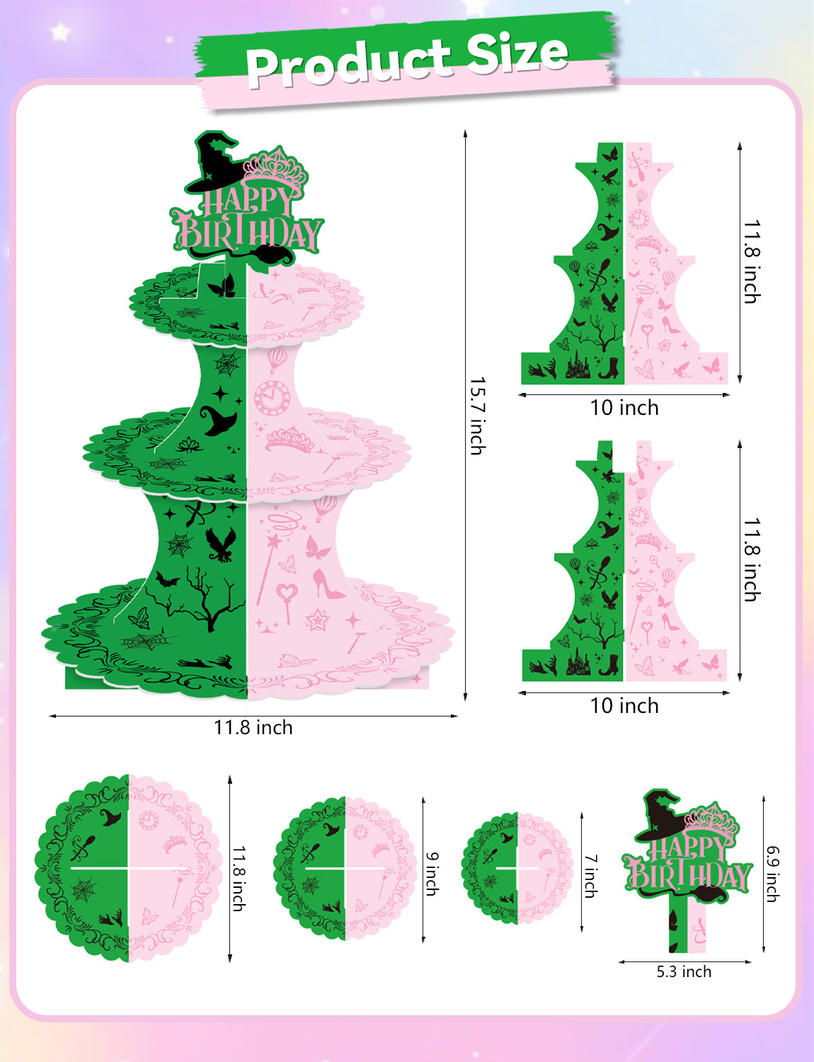 3 Tier Witch Cupcake Stand, Pink Green Birthday Cupcake Holder Witch Cupcake Stand with "Happy Birthday", Cup Cake Stand for Dessert Table Displays, Witch Birthday Party Decorations