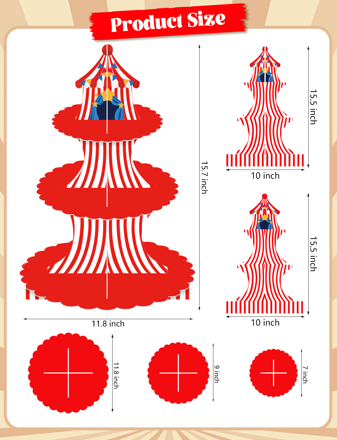 3 Tier Circus Carnival Cupcake Stand, Circus Tent Cupcake Holder Red and White Striped Cardboard Cupcake Stand, Carnival Decorations for Birthday Baby Shower Circus Party Decorations