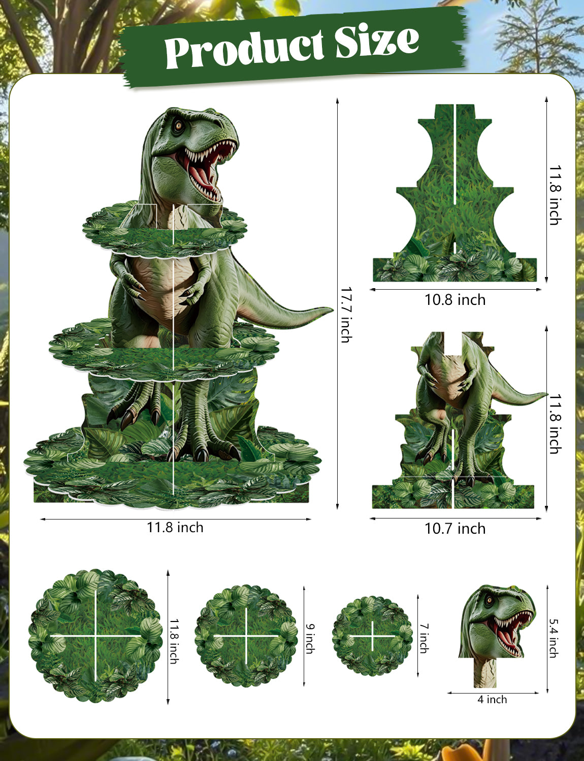 3 Tier Dinosaur Cupcake Stand for Dino Birthday Party Decorations Dinosaur Cupcake Holder, Green Jungle Leaf Cardboard Cupcake Stand for Dessert Stand, Dino Safari Jungle Party Supplies
