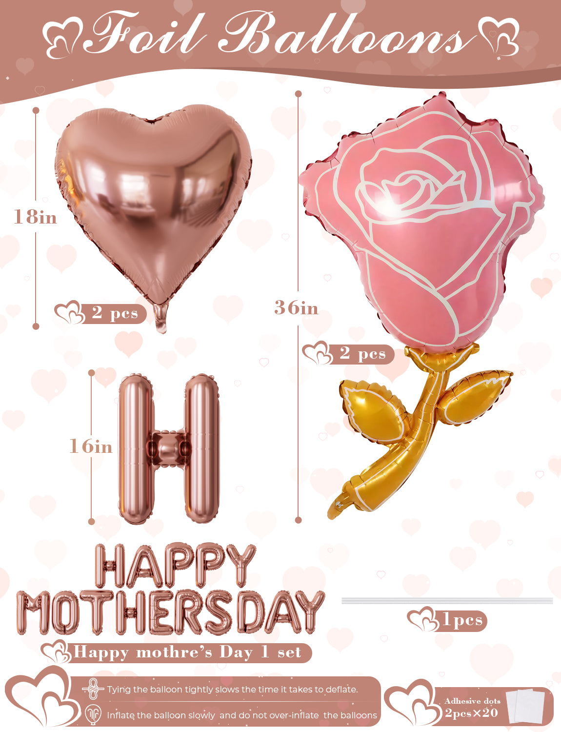 Adeyoo Happy Mothers Day Balloons - 16 Inch Happy Mothers Day Balloons Banner with Rose Gold Heart Balloons Big Rose Flower Foil Balloon, Self Inflating Balloon for Mother's Day Party Decorations