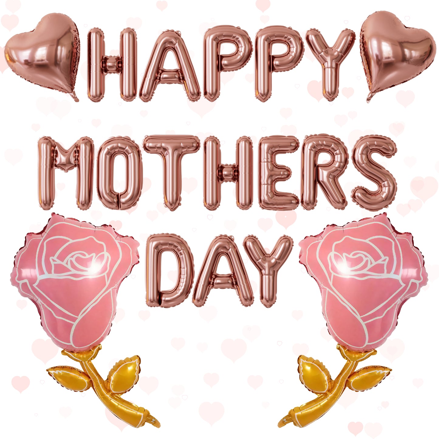 Adeyoo Happy Mothers Day Balloons - 16 Inch Happy Mothers Day Balloons Banner with Rose Gold Heart Balloons Big Rose Flower Foil Balloon, Self Inflating Balloon for Mother's Day Party Decorations