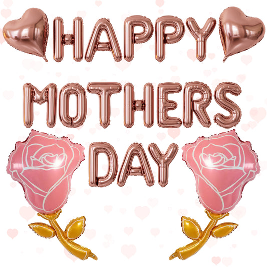 Adeyoo Happy Mothers Day Balloons - 16 Inch Happy Mothers Day Balloons Banner with Rose Gold Heart Balloons Big Rose Flower Foil Balloon, Self Inflating Balloon for Mother's Day Party Decorations