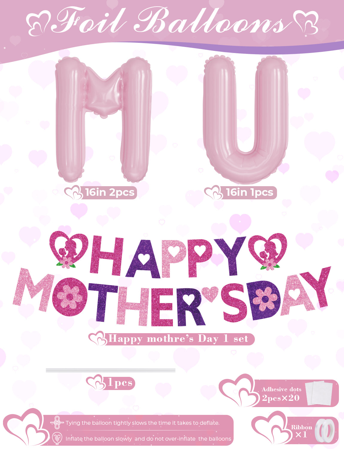 Adeyoo Mothers Day Balloons Decorations - Pink and Purple Mothers Day Balloons with Happy Mother's Day Banner Pink Mum Balloons for Mother's Day Party Decorations, Elegant Mothers Day Gifts for Mum