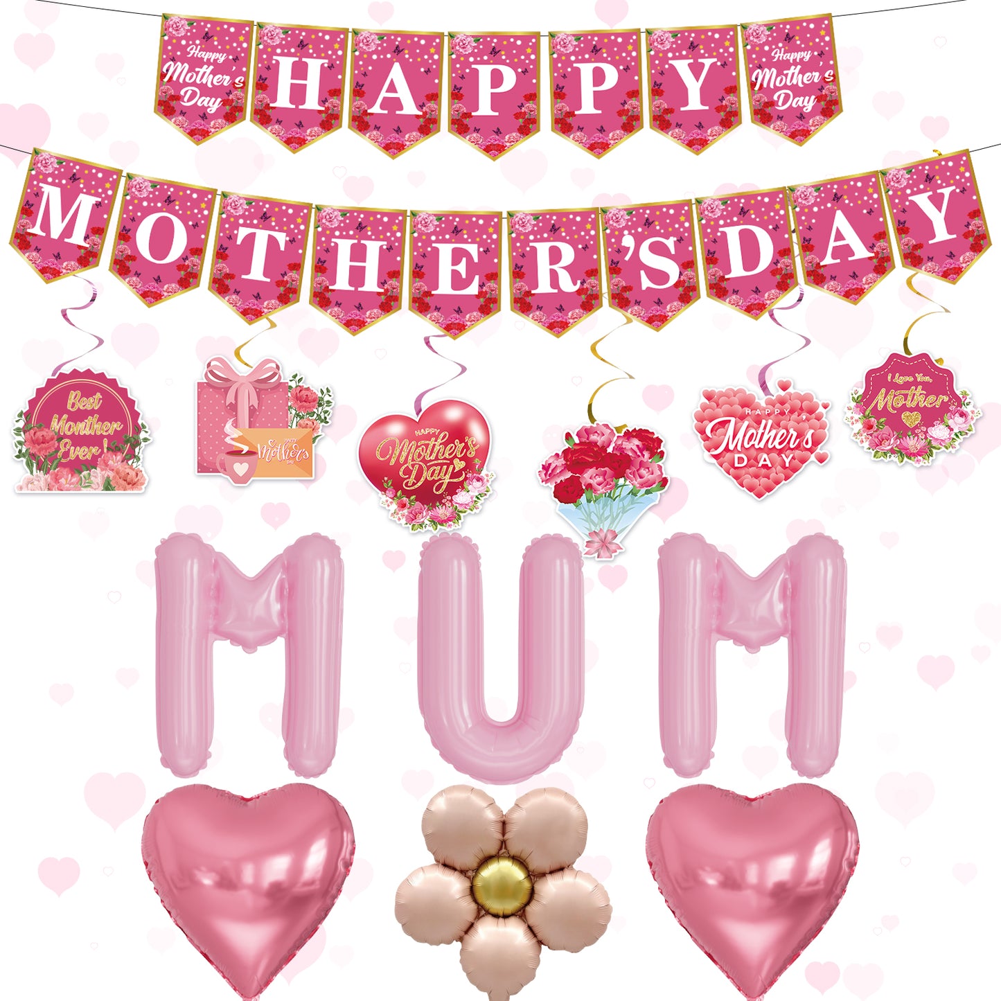 Adeyoo Mother's Day Decorations - Happy Mothers Day Banner Bunting with Mothers Day Hanging Swirl, Pink Heart Flower Mum Foil Balloons for Mother's Day Party Supplies, Best Mum Gifts for Mother Day