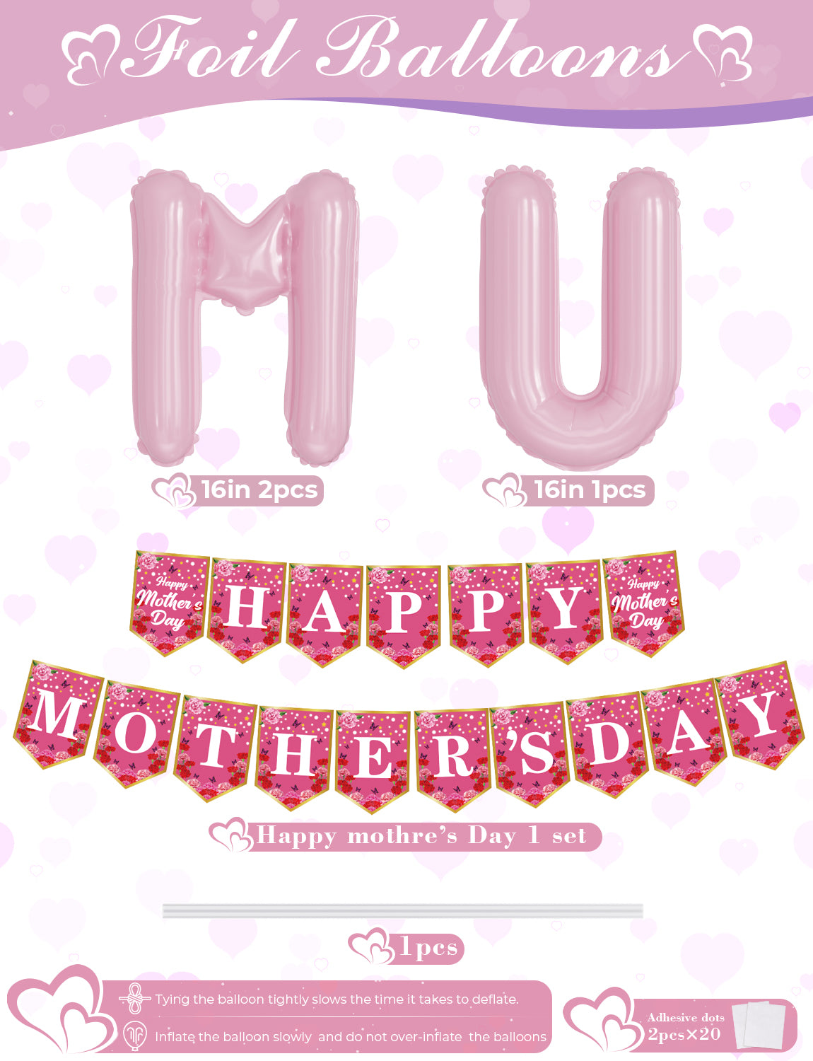 Adeyoo Mother's Day Decorations - Happy Mothers Day Banner Bunting with Mothers Day Hanging Swirl, Pink Heart Flower Mum Foil Balloons for Mother's Day Party Supplies, Best Mum Gifts for Mother Day