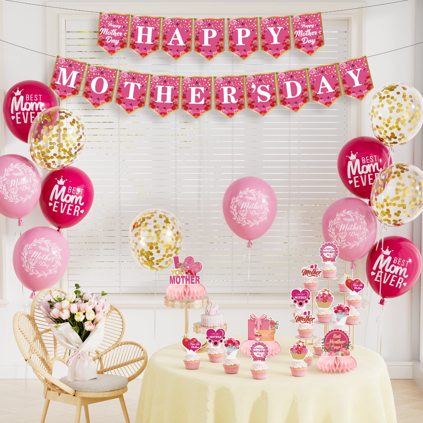 Adeyoo Mothers Day Decorations - Mothers Day Balloons with Happy Mother Day Cake Toppers Happy Mothers Day Banner Bunting and Mother's Day Table Decorations, Best Mum Gifts for Mother's Day