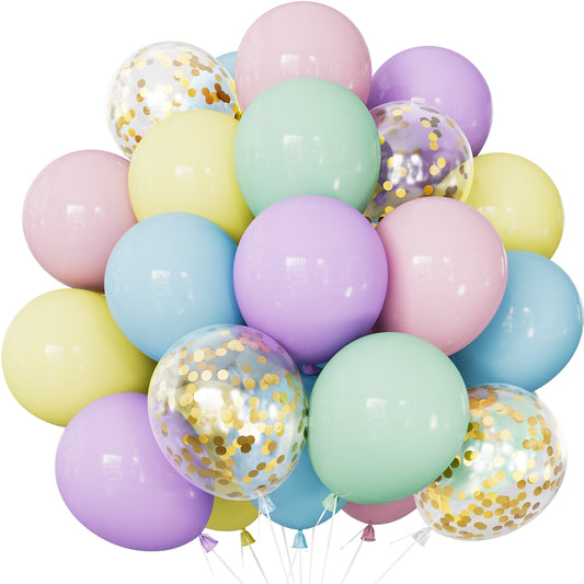 Pastel Balloons - 12 Inch Easter Balloons with Gold Confetti Balloon, Multicoloured Pastel Rainbow Balloon for Easter Birthday Baby Shower Wedding Unicorn Theme Party Decorations (48Pcs)